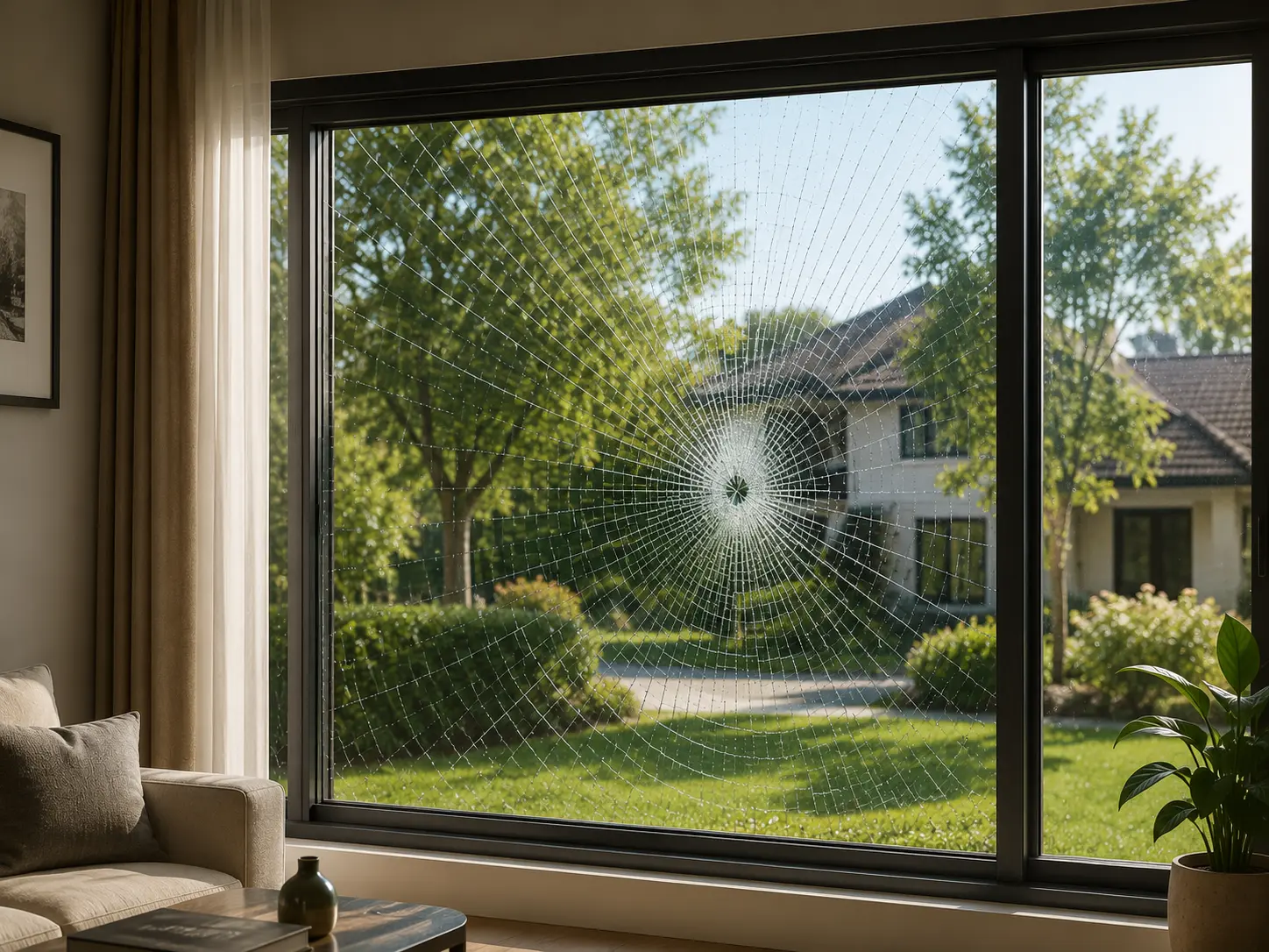 Security film holding shattered glass together